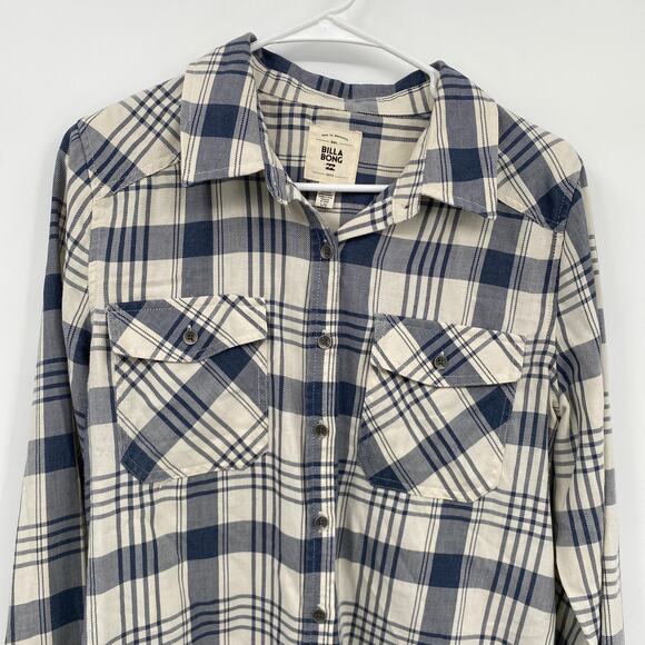 Billabong Plaid Button Front Long Sleeve Shirt Raw Hem Cream Black Size Large - Picture 3 of 9